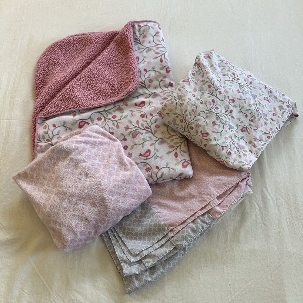 3 Piece Baby Girl Crib Bedding Set Birds Pink Lavender Floral & Carrier Cover - Picture 14 of 14